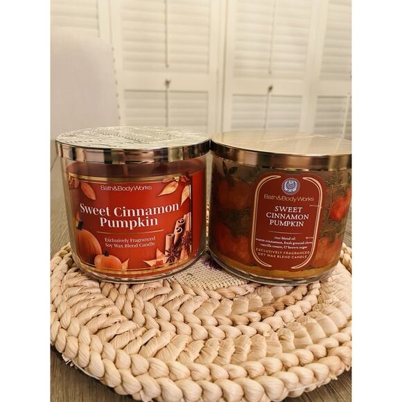 Bath & Body Works Set SWEET CINNAMON PUMPKIN ~3 WICK CANDLE set x2 - Picture 1 of 2